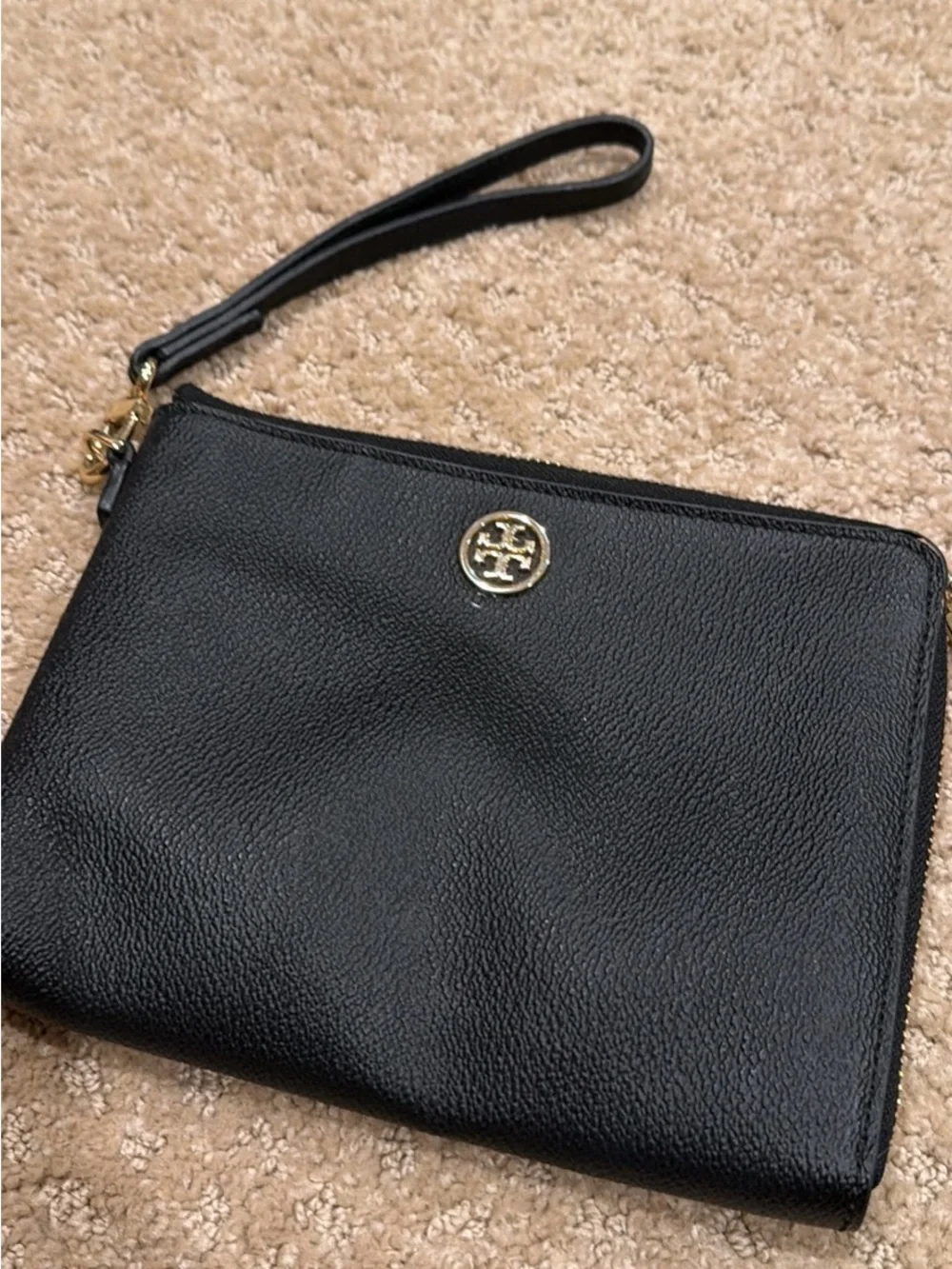 Tory Burch Black Pebbled Leather Wristlet with Gold Logo